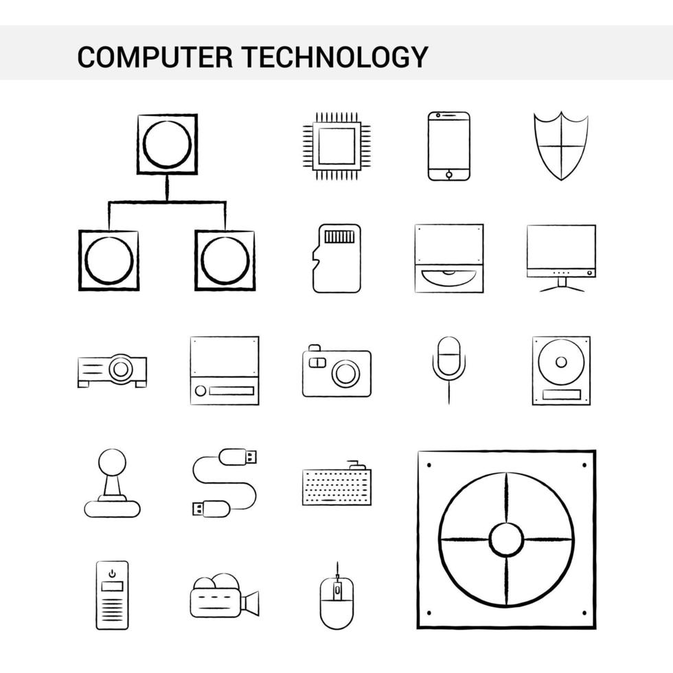 gesetzte Art der Computertechnologie Hand gezeichnete Ikone lokalisiert auf weißem Hintergrundvektor vektor