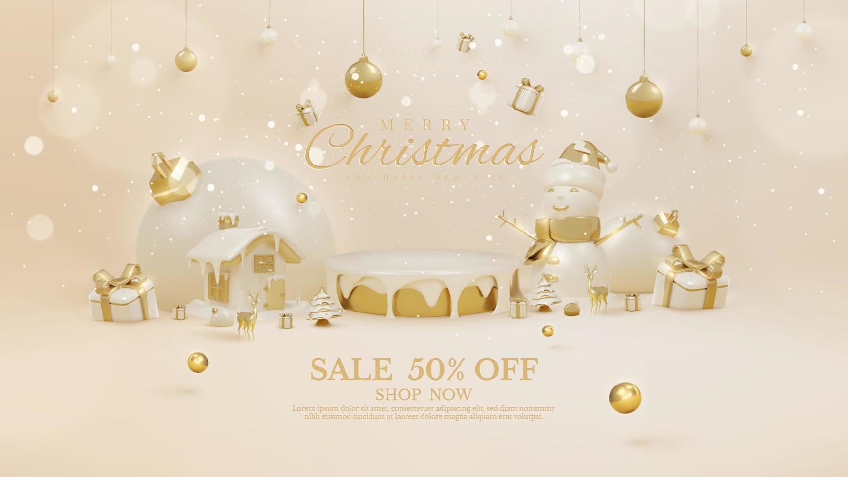 lyx bakgrund med produkt visa podium och 3d realistisk jul ornament och gnistrande ljus effekt med bokeh dekorationer och snö. vektor illustration.