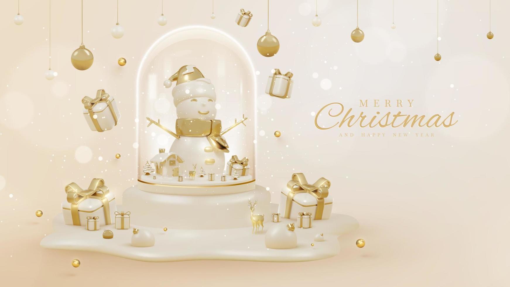 luxuriöser hintergrund mit 3d-realistischen weihnachtsschmuck in glasflasche auf podium mit schneeelementen und glitzernden lichteffektdekorationen und bokeh. Vektor-Illustration. vektor