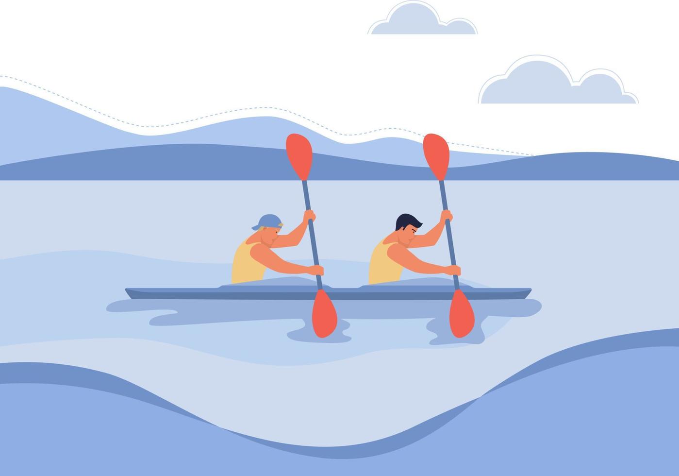 två grabbar i en båt är flytande på de flod, de begrepp av rodd tävlingar, paddla kanot. vektor illustration i en platt stil.