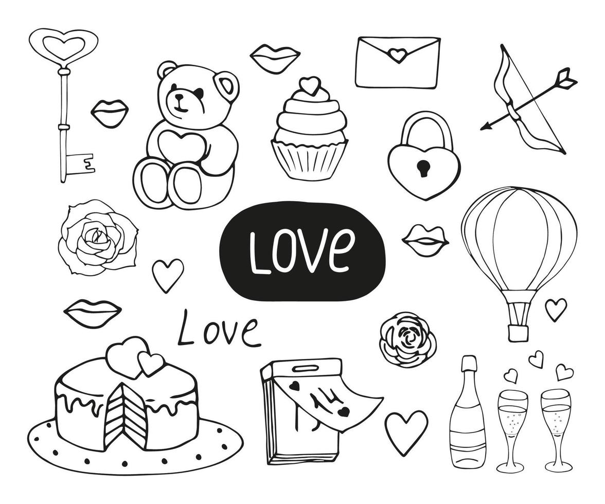 uppsättning av element för valentine är dag hjärta, kaka, cupcake, pil och rosett, brev, elixir av kärlek, låsa med nyckel. vektor illustration i svartvit färger.