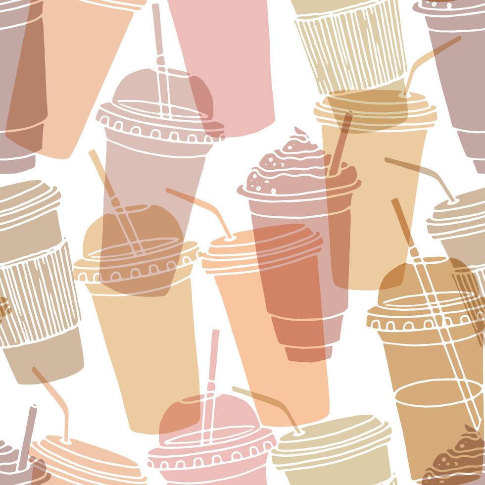 hand dragen sömlös mönster med kaffe koppar olika former med dricka sugrör. stum färger repeterbar bakgrund. vektor
