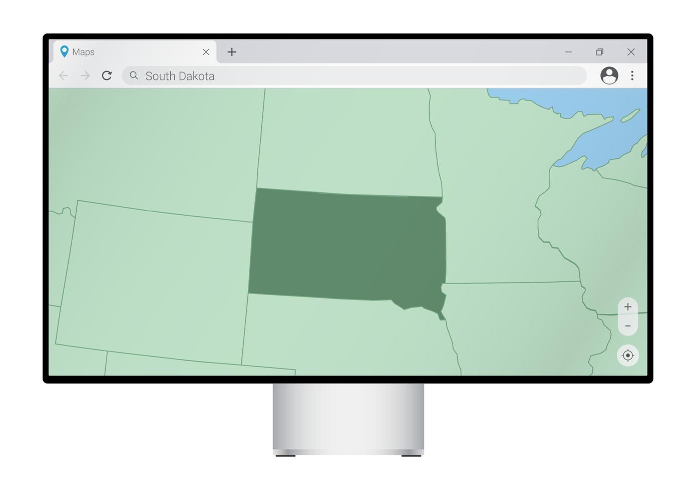 computermonitor mit karte von south dakota im browser, suchen sie im web-mapping-programm nach dem land von south dakota. vektor