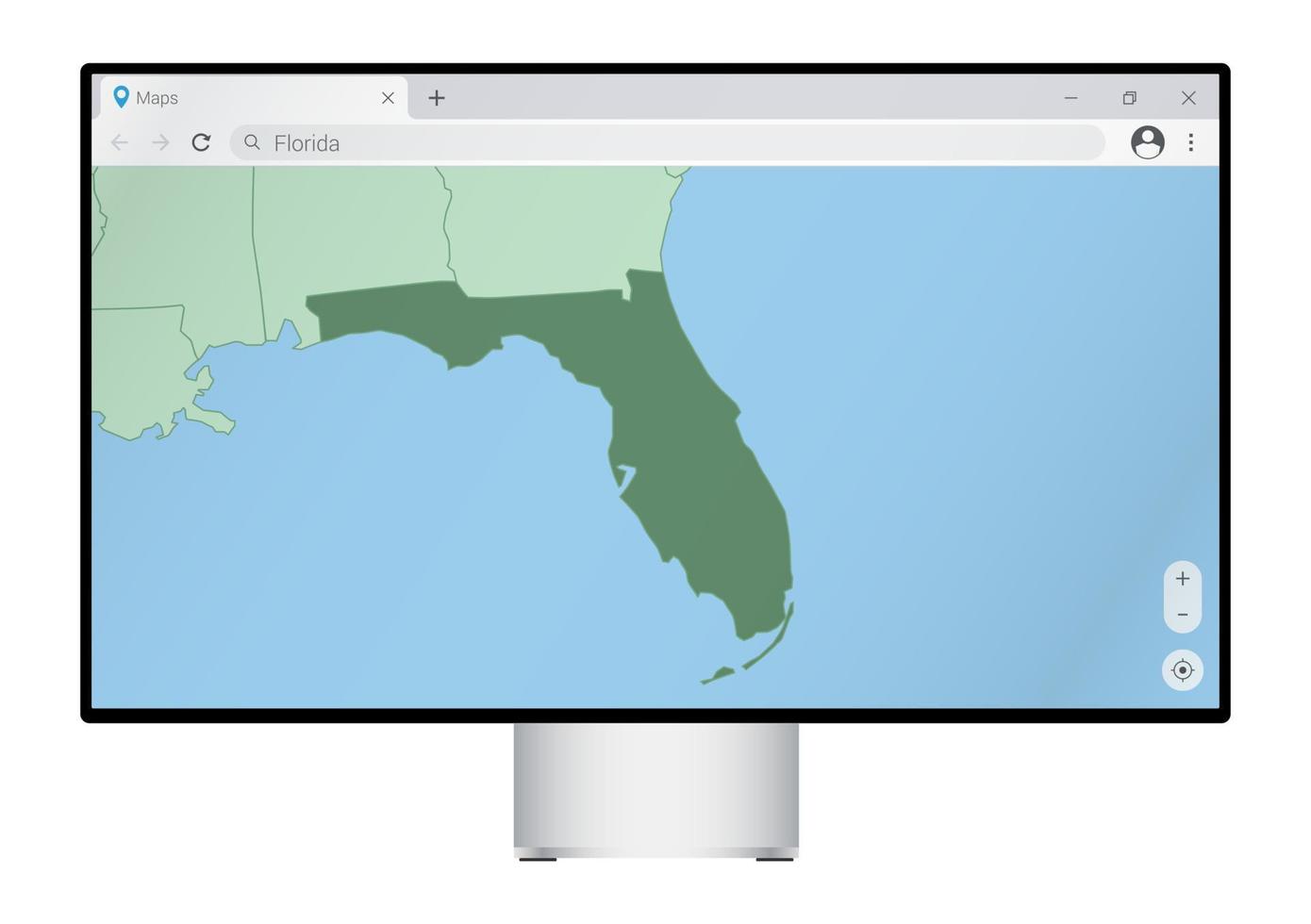 dator övervaka med Karta av florida i webbläsare, Sök för de Land av florida på de webb kartläggning program. vektor