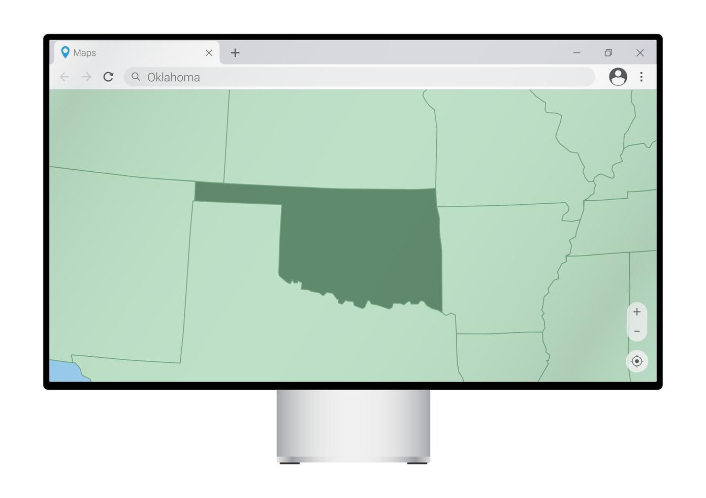 dator övervaka med Karta av Oklahoma i webbläsare, Sök för de Land av Oklahoma på de webb kartläggning program. vektor