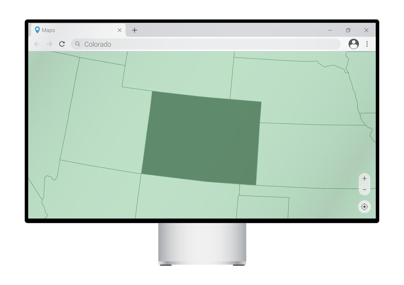 computermonitor mit karte von colorado im browser, suchen sie im web-mapping-programm nach dem land von colorado. vektor