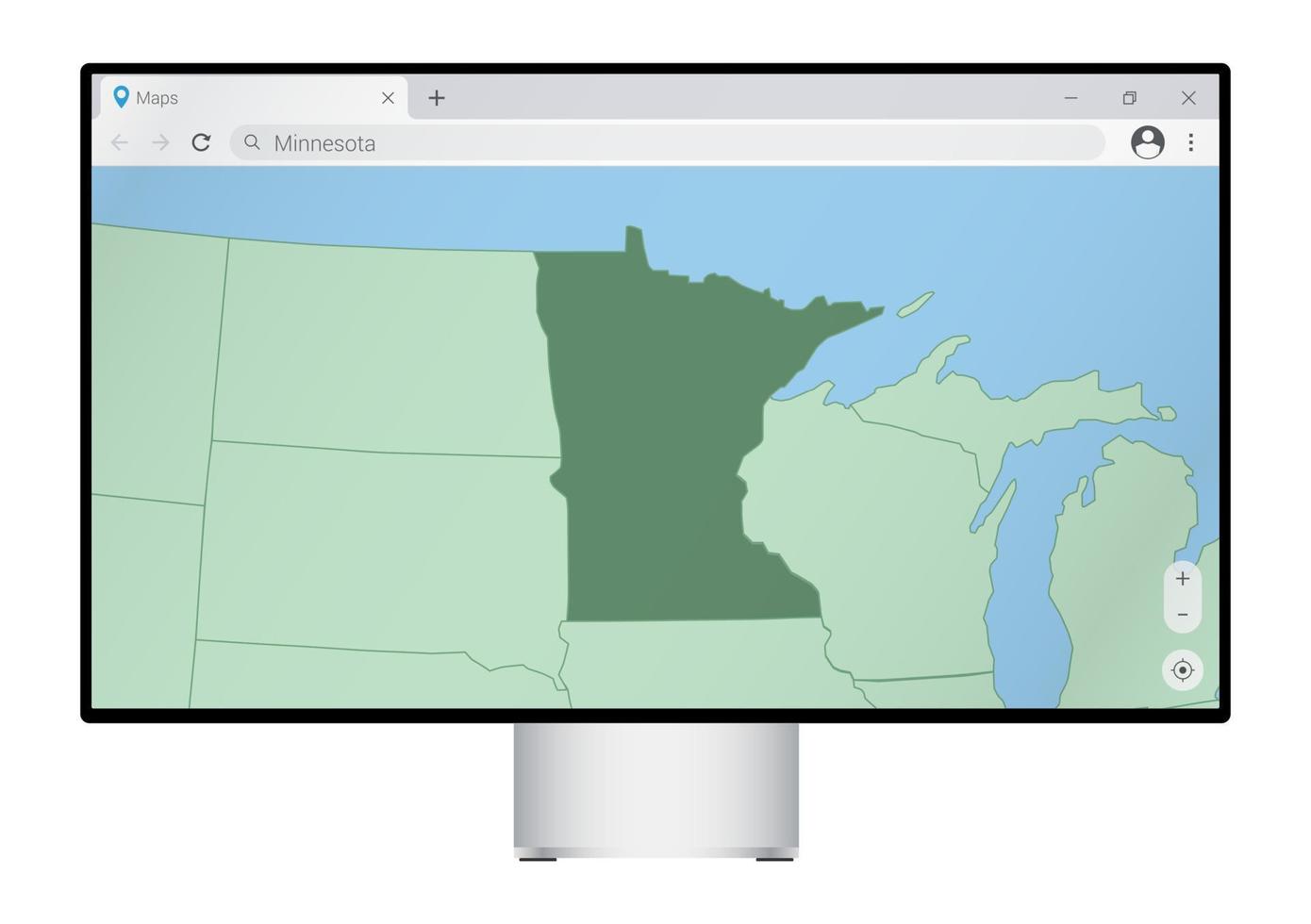 dator övervaka med Karta av minnesota i webbläsare, Sök för de Land av minnesota på de webb kartläggning program. vektor