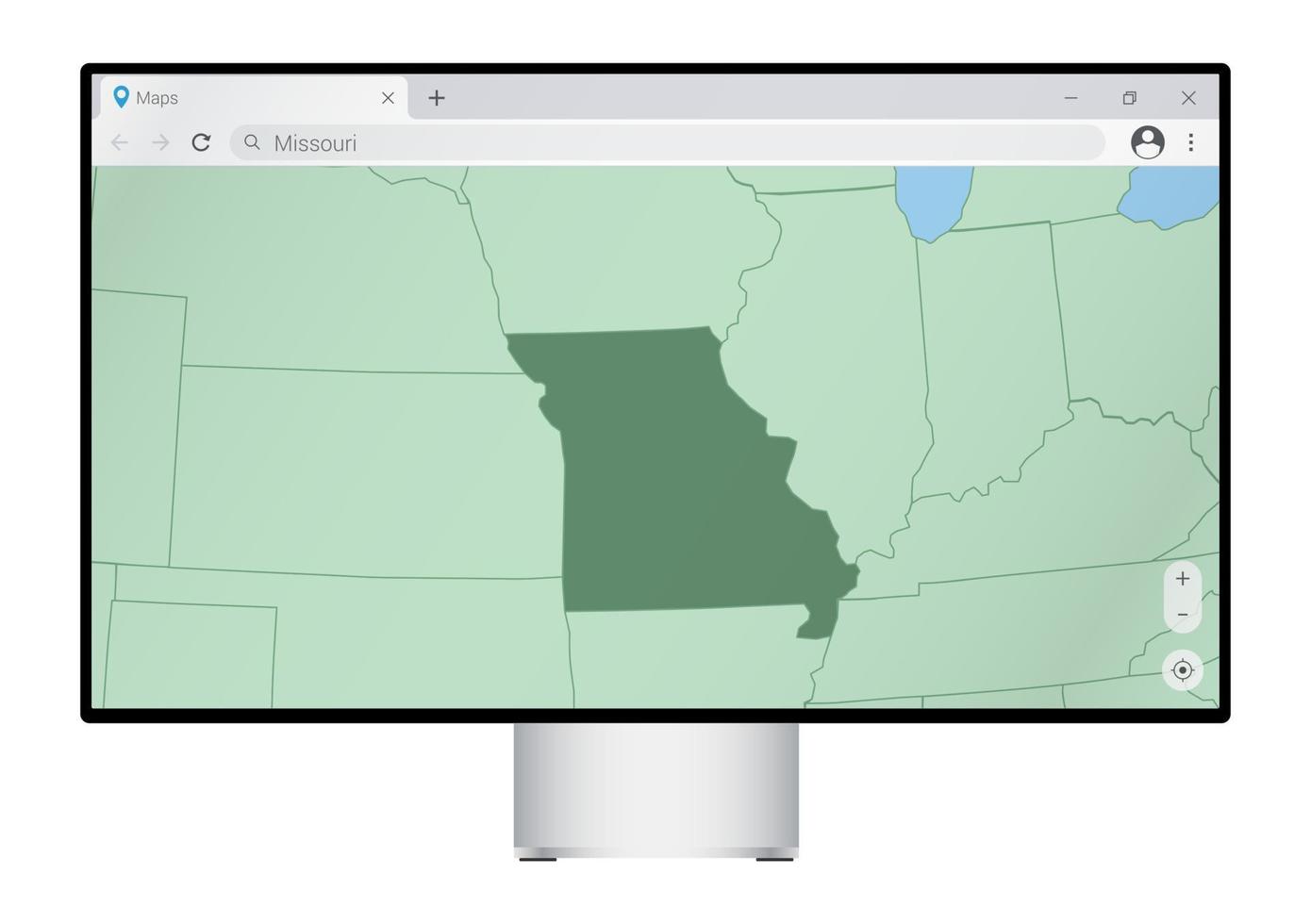 dator övervaka med Karta av missouri i webbläsare, Sök för de Land av missouri på de webb kartläggning program. vektor