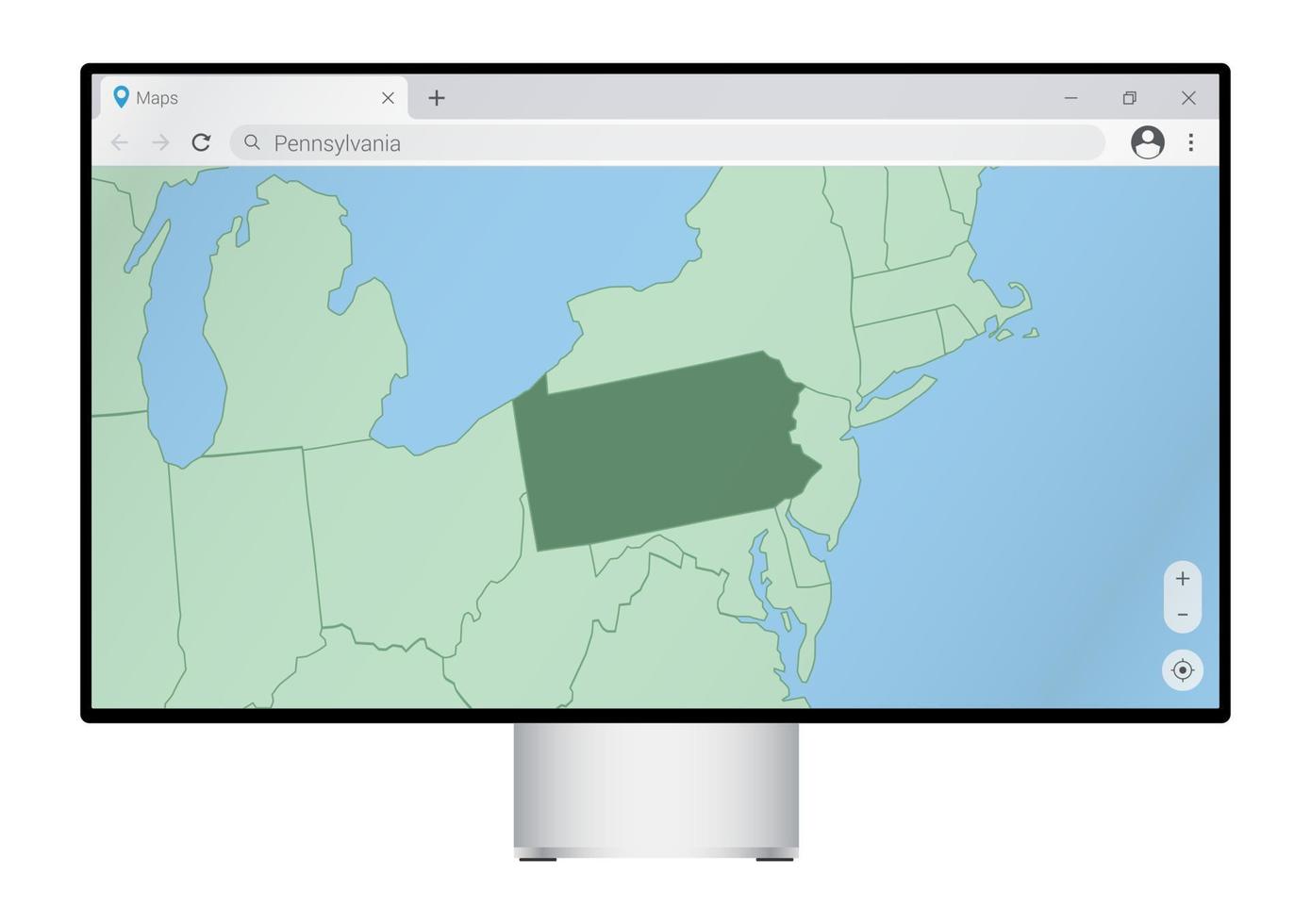 computermonitor mit karte von pennsylvania im browser, suchen sie im web-mapping-programm nach dem land von pennsylvania. vektor