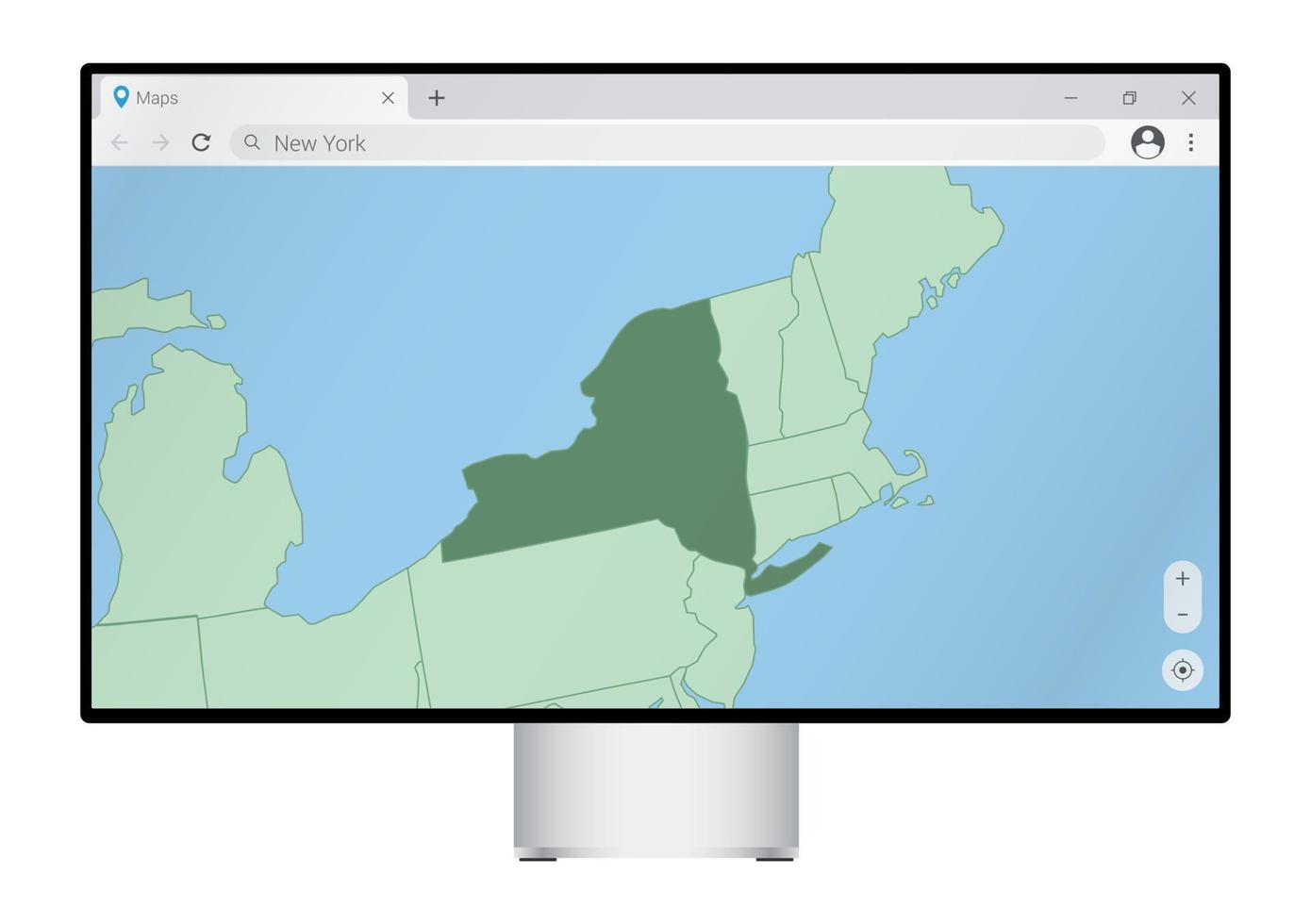 computermonitor mit karte von new york im browser suchen sie im web-mapping-programm nach dem land new york. vektor