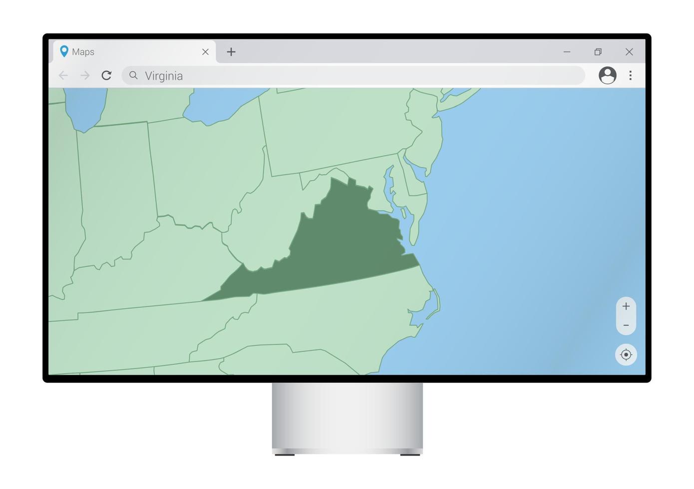 Computermonitor mit Karte von Virginia im Browser, suchen Sie im Web-Mapping-Programm nach dem Land Virginia. vektor