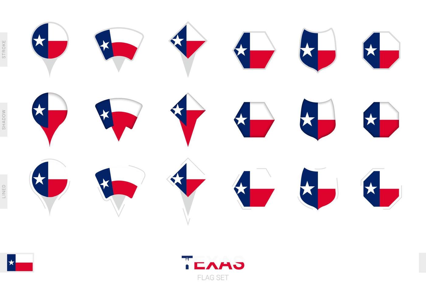 Sammlung der Texas-Flagge in verschiedenen Formen und mit drei verschiedenen Effekten. vektor