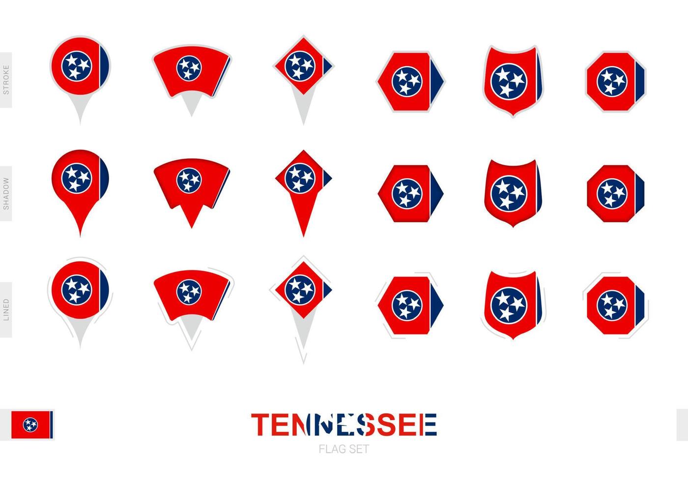 Sammlung der Tennessee-Flagge in verschiedenen Formen und mit drei verschiedenen Effekten. vektor