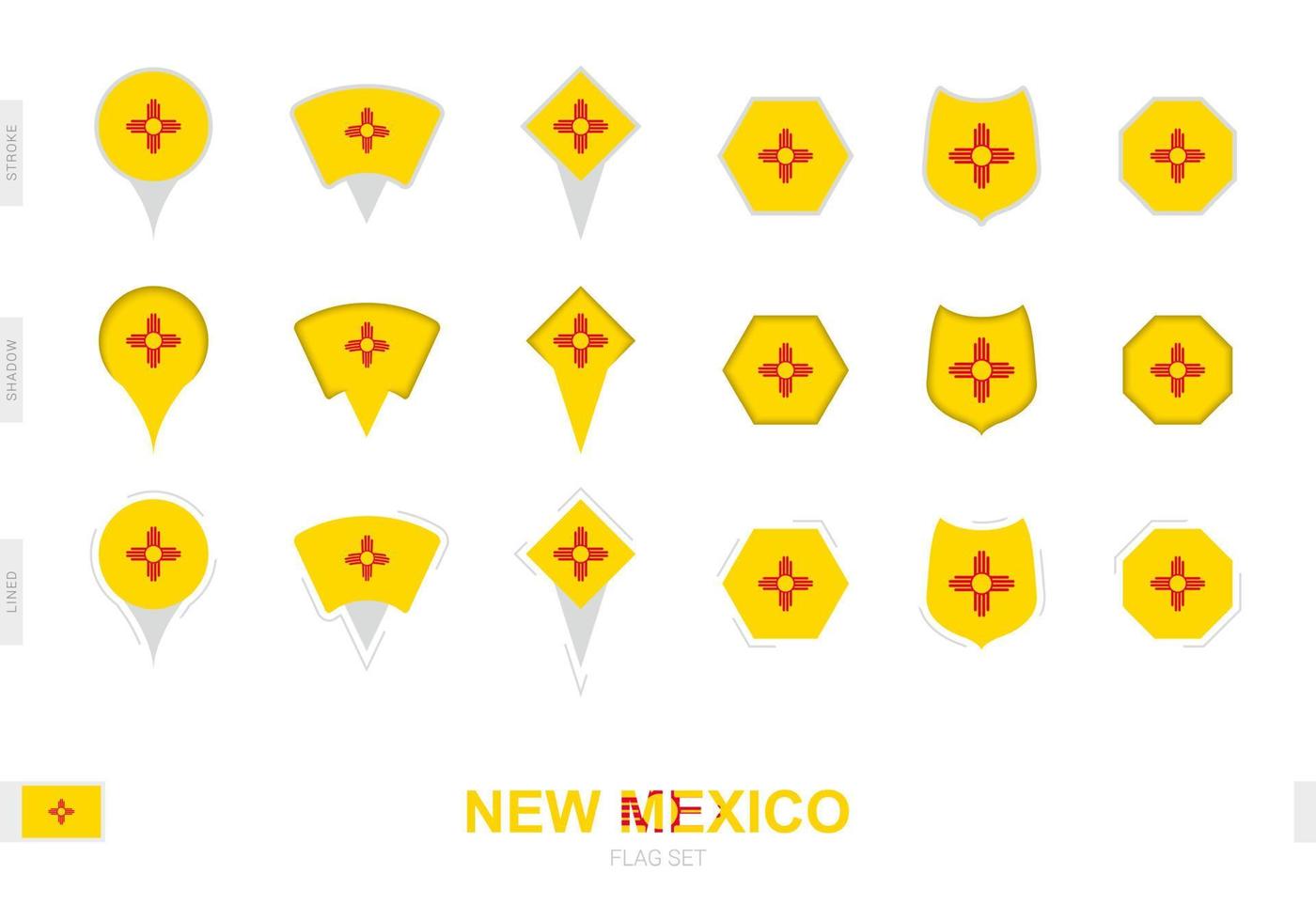 Sammlung der neuen Mexiko-Flagge in verschiedenen Formen und mit drei verschiedenen Effekten. vektor