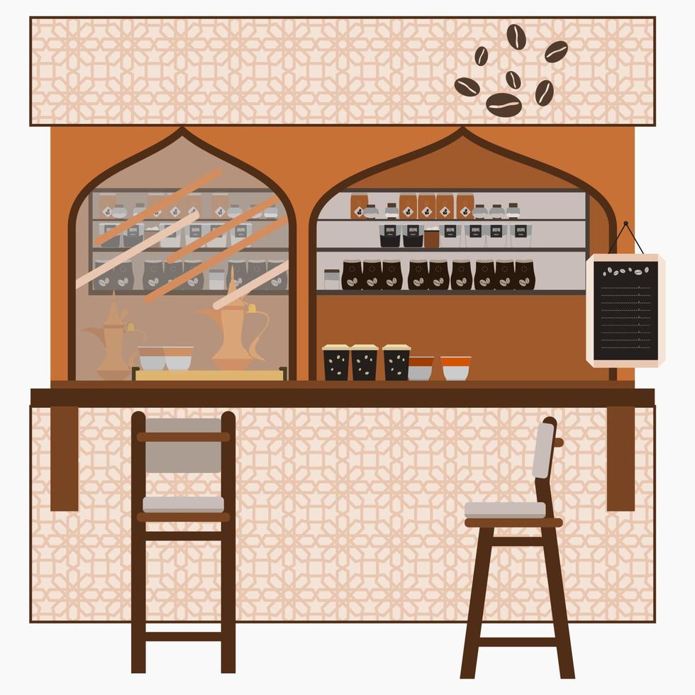 redigerbar mini mobil arabicum kaffe affär stå vektor illustration med dallah pott och finjan koppar för islamic stunder eller arab kultur Kafé relaterad design