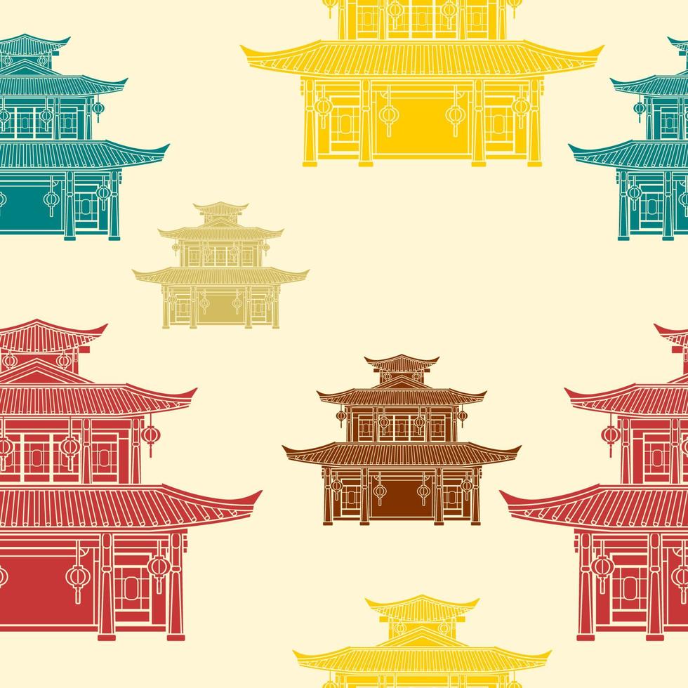 Bearbeitbare flache monochrome Stil drei Dächer traditionelle chinesische Gebäudevektorillustration in verschiedenen Farben als nahtloses Muster für die Schaffung eines Hintergrunds der orientalischen Geschichte und des kulturbezogenen Designs vektor