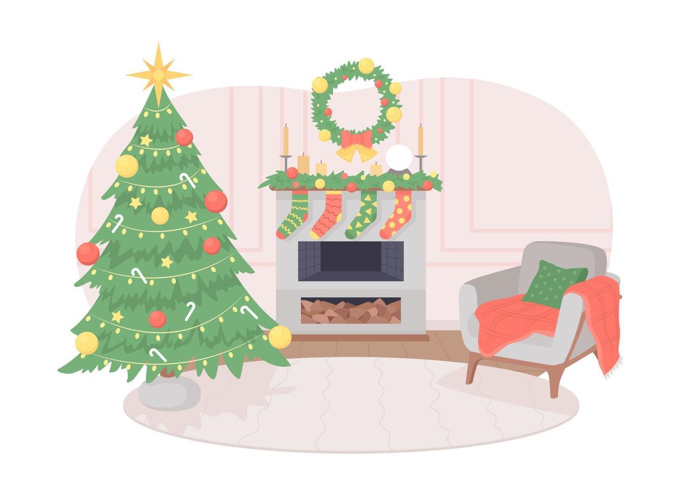 jul levande rum dekor 2d vektor isolerat illustration. xmas träd nära öppen spis platt bostads- sammansättning på tecknad serie bakgrund. färgrik redigerbar scen för mobil, hemsida, presentation