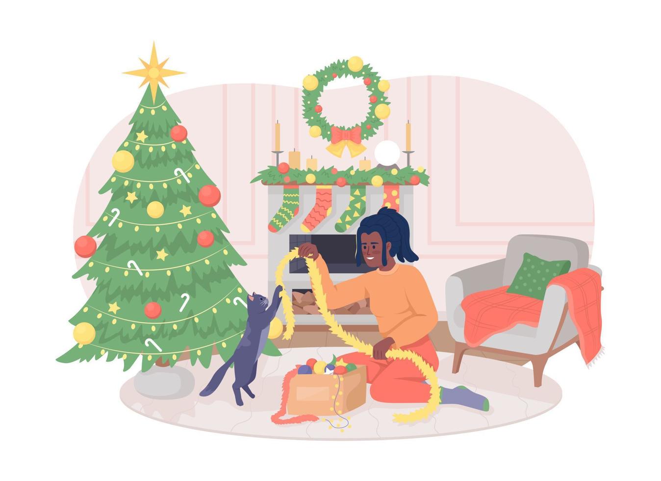 uppackning jul dekorationer med katt 2d vektor isolerat illustration. flicka spelar med pott platt tecken på tecknad serie bakgrund. färgrik redigerbar scen för mobil, hemsida, presentation