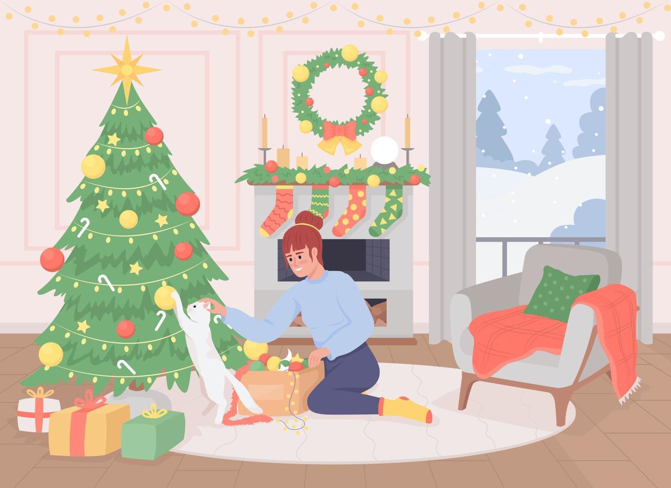 Mädchen, das flache Farbvektorillustration des Baums verziert. Weihnachtsferien. Heiligabend mit Katze feiern. Wintersaison. vollständig bearbeitbare einfache 2d-zeichentrickfiguren mit festlicher atmosphäre im hintergrund vektor