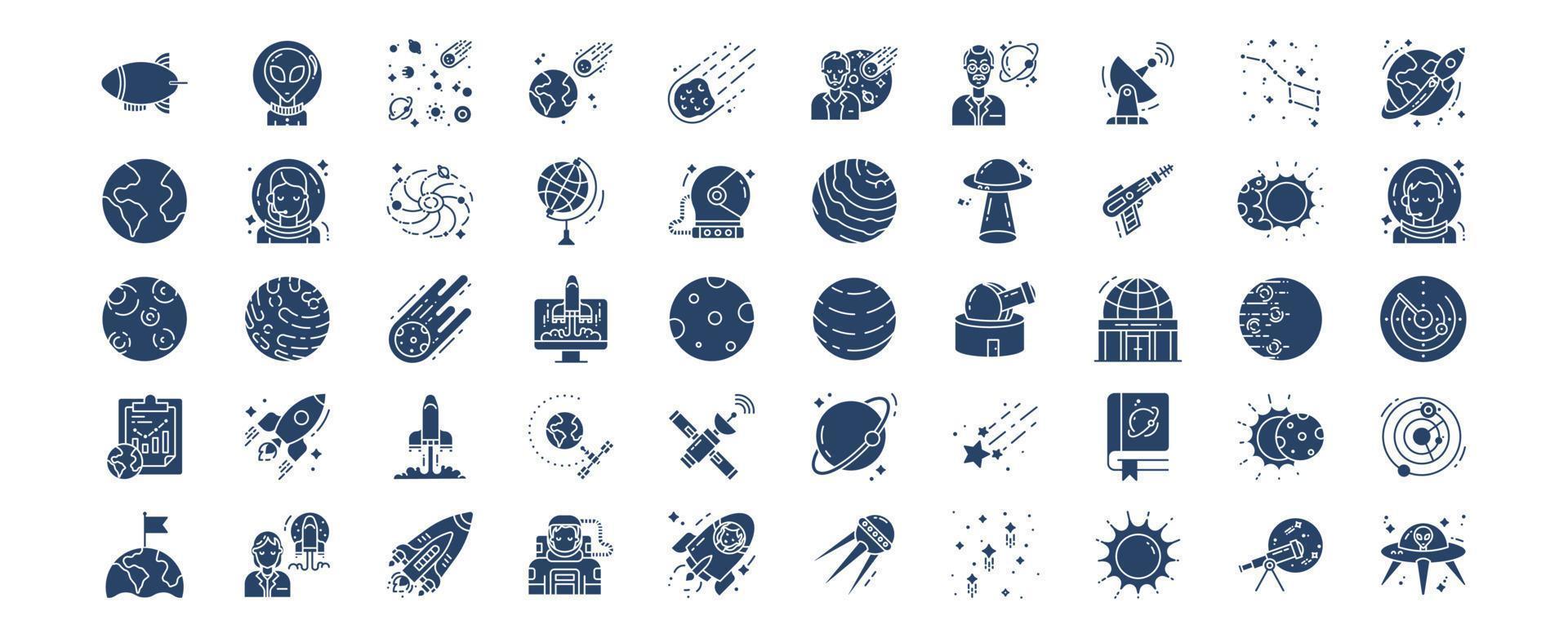 Sammlung von weltraumbezogenen Symbolen, darunter Symbole wie Außerirdische, Asteroiden, Physiker, Galaxien und mehr. vektorillustrationen, pixelperfekter satz vektor