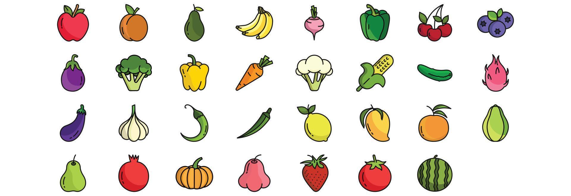 Sammlung von Symbolen für Veganer, darunter Symbole wie Apfel, Aprikose, Avocado, Bananen und mehr. vektorillustrationen, pixelperfekter satz vektor