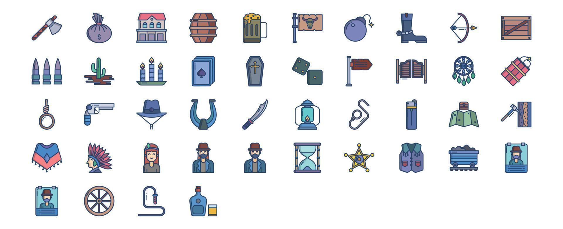Sammlung von Symbolen im Zusammenhang mit dem Wilden Westen und Cowboy, darunter Symbole wie Gewehr, Galgen, Hufeisen, Messer und mehr. vektorillustrationen, pixelperfekter satz vektor