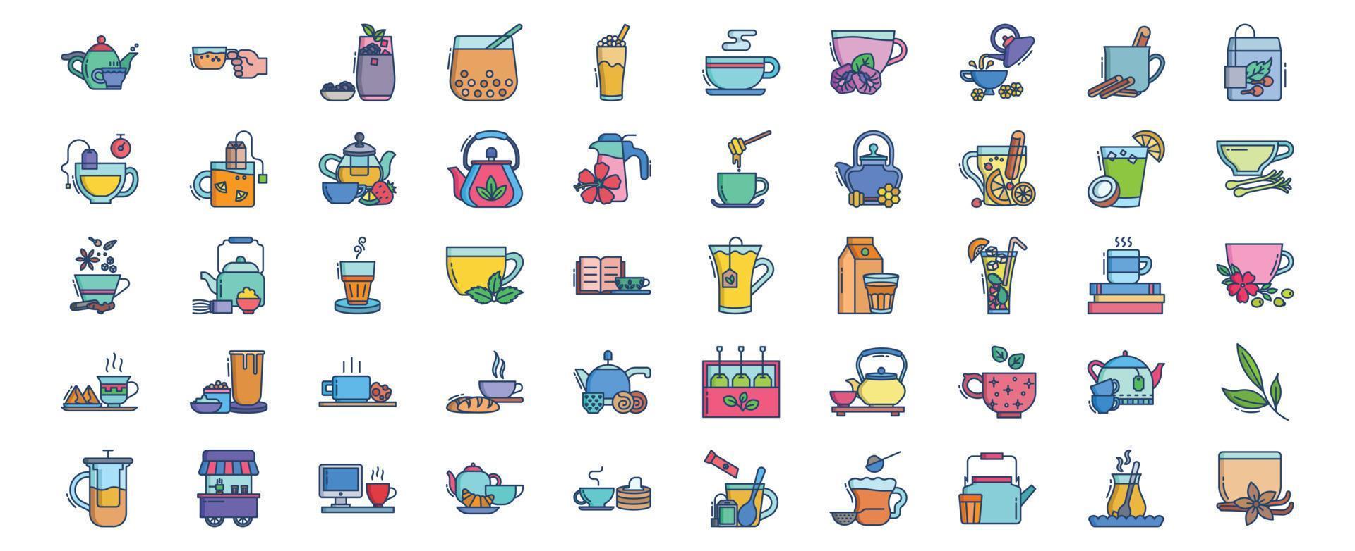 Sammlung von Symbolen im Zusammenhang mit Tee, darunter Symbole wie schwarzer Tee, Milch, Bubble Tea, grüner Tee und mehr. vektorillustrationen, pixelperfekter satz vektor