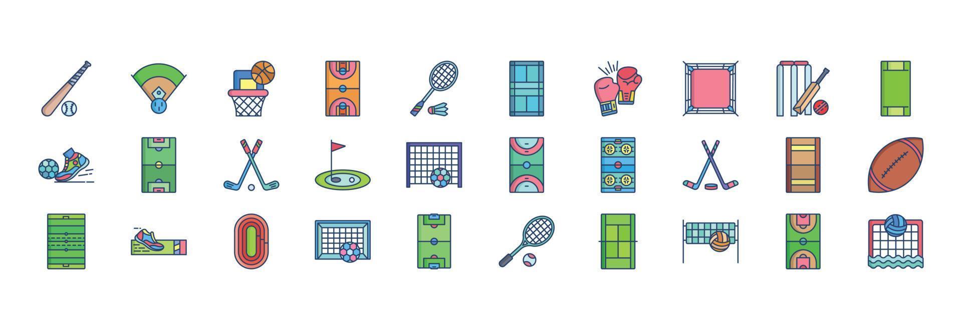 Sammlung von Symbolen im Zusammenhang mit Stadien und Spielen, einschließlich Symbolen wie Baseballspiel, Basketball, Boxen, Cricket und mehr. vektorillustrationen, pixelperfekter satz vektor
