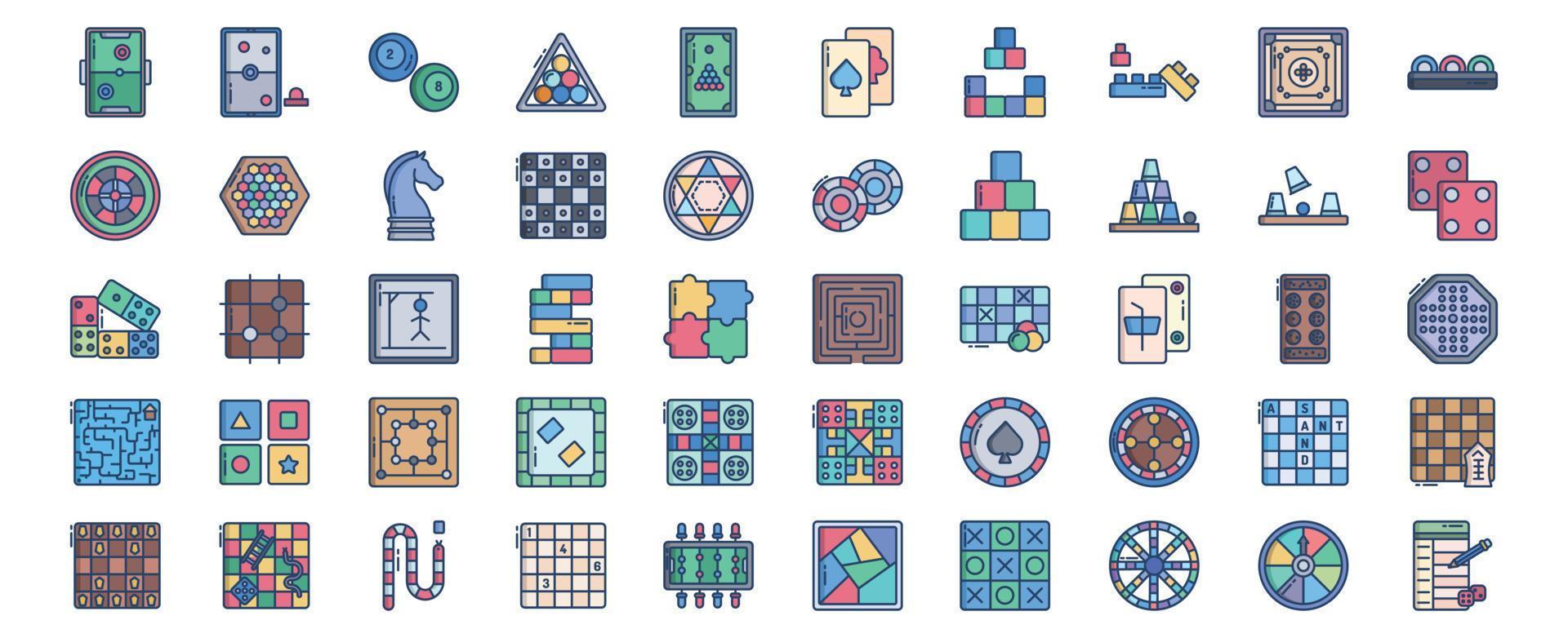 Sammlung von Symbolen im Zusammenhang mit Tischspielen, einschließlich Symbolen wie Air Hokey, Schach, Casino-Chips und mehr. vektorillustrationen, pixelperfekter satz vektor