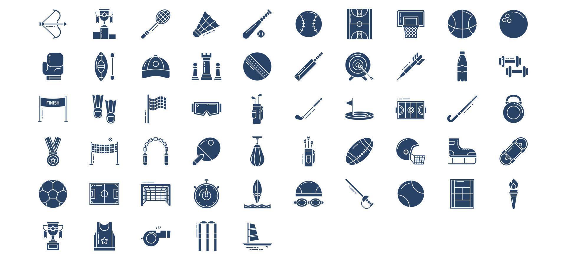 Sammlung von Symbolen im Zusammenhang mit Sport und Spielen, darunter Symbole wie Bogenschießen, Auszeichnungen, Badminton, Baseball und mehr. vektorillustrationen, pixelperfekter satz vektor
