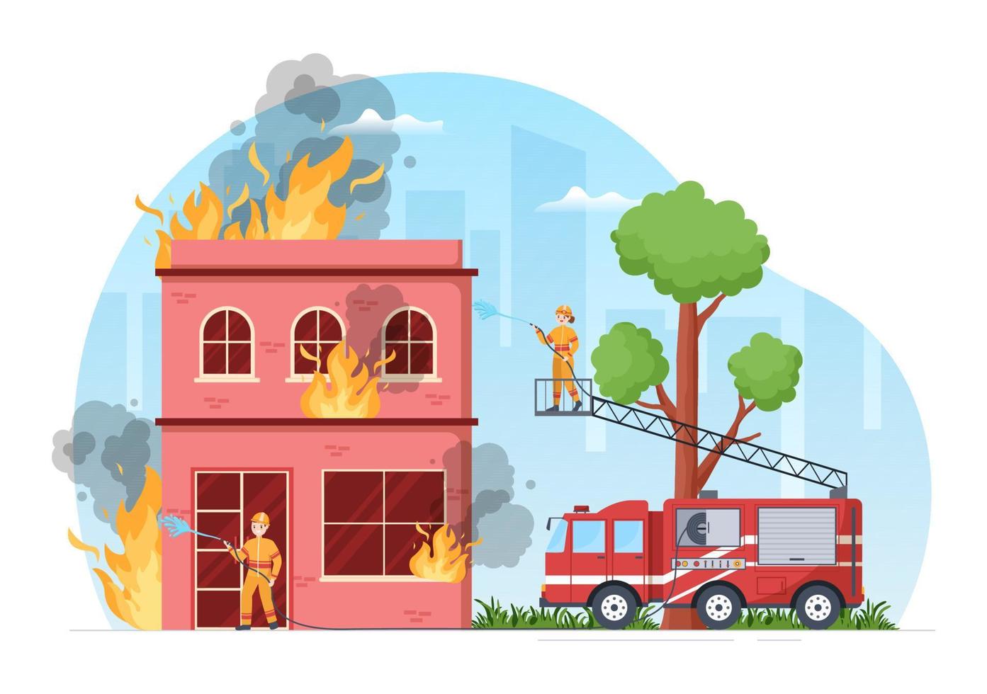 feuerwehr mit feuerwehrleuten, die haus, wald löschen und menschen in verschiedenen situationen in flachen handgezeichneten karikaturillustrationen helfen vektor