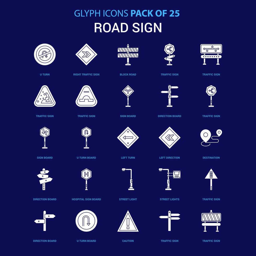 Straßenschild weißes Symbol auf blauem Hintergrund 25 Icon Pack vektor