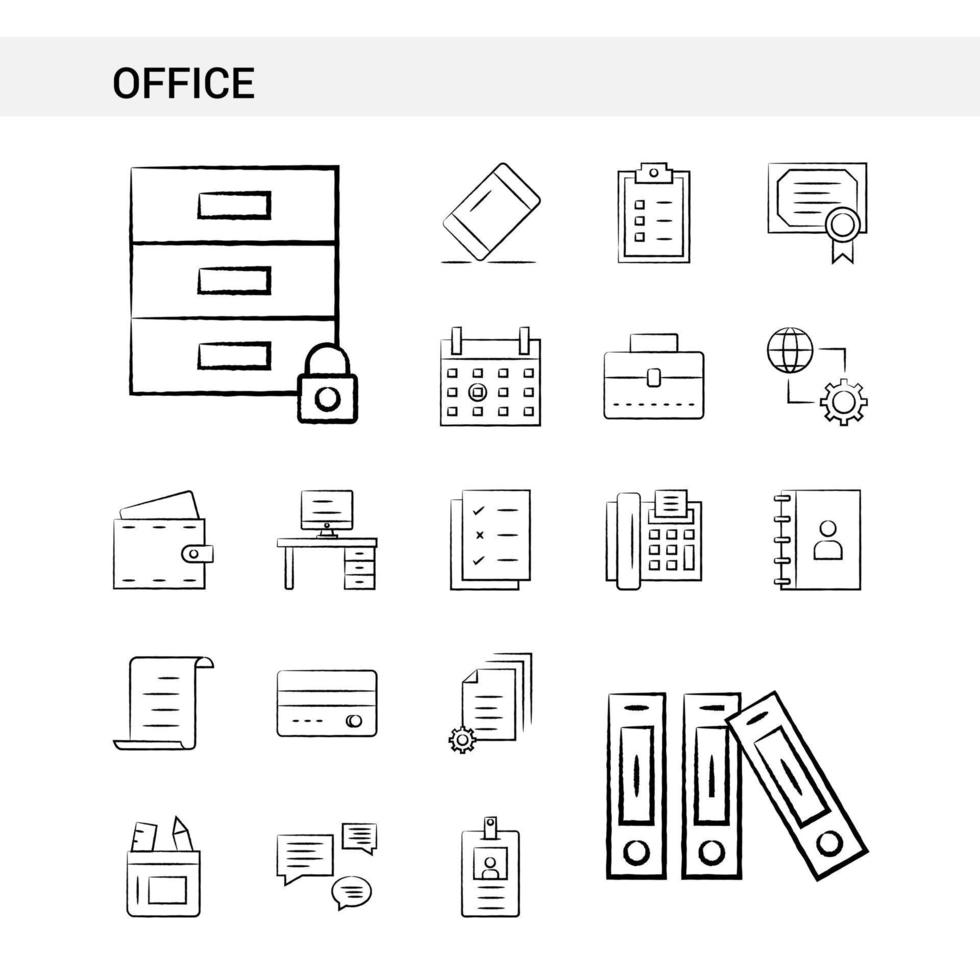 kontor hand dragen ikon uppsättning stil isolerat på vit bakgrund vektor