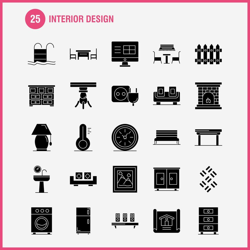Solide Glyphensymbole für die Innenarchitektur, die für Infografiken, mobiles Uxui-Kit und Druckdesign festgelegt wurden, umfassen medizinische Aktendokumente, Tisch, Bidet, Möbel, Wasserspiegel, eps 10, Vektor