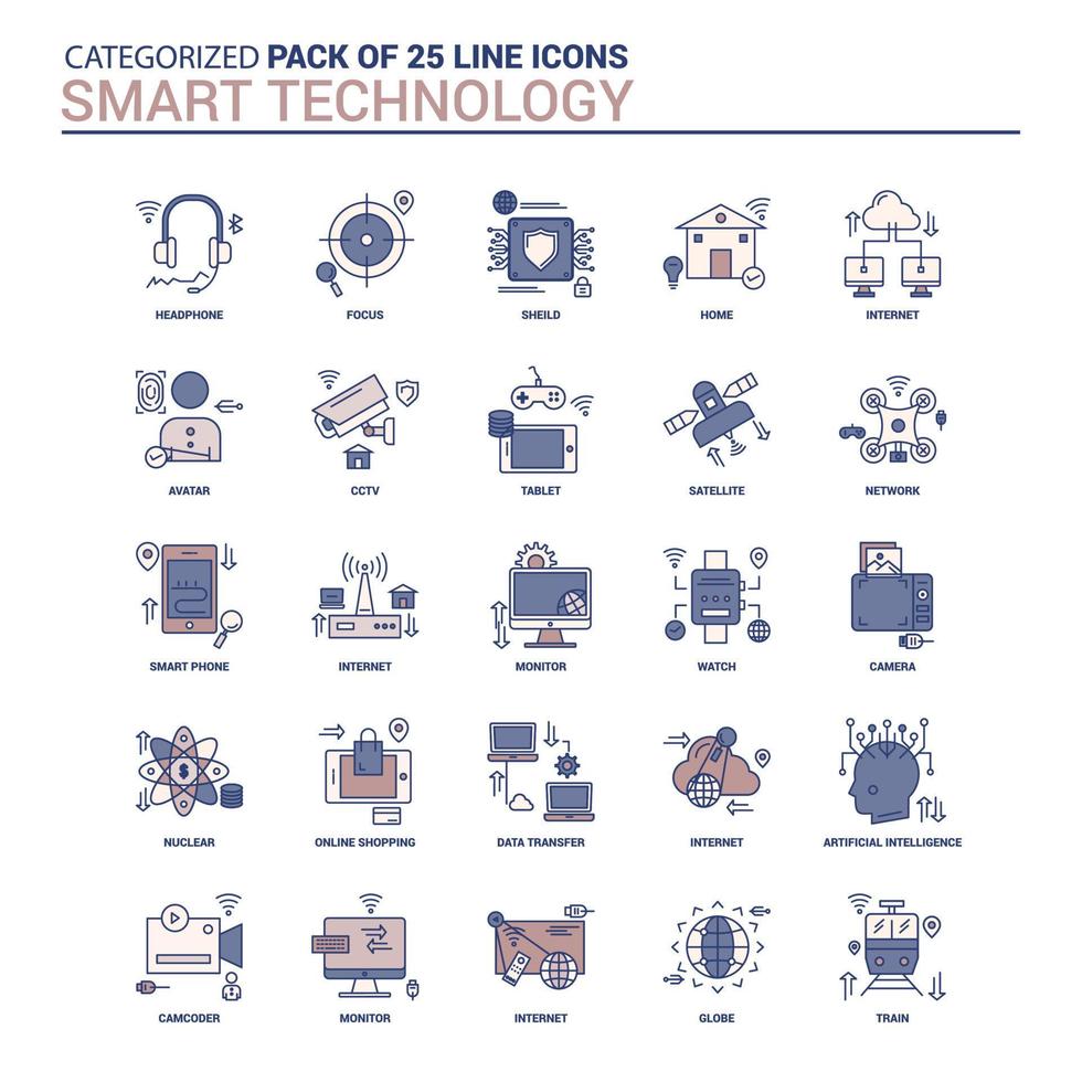 Vintage Smart Technology Icon Set 25 Flachzeilen-Icon-Set vektor