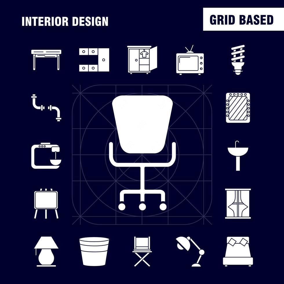 Solide Glyphensymbole für die Innenarchitektur, die für Infografiken, mobiles Uxui-Kit und Druckdesign festgelegt wurden, umfassen Eisenelektronik, Haushaltsgeräte, Elektronikartikel, Badewanne, eps 10, Vektor