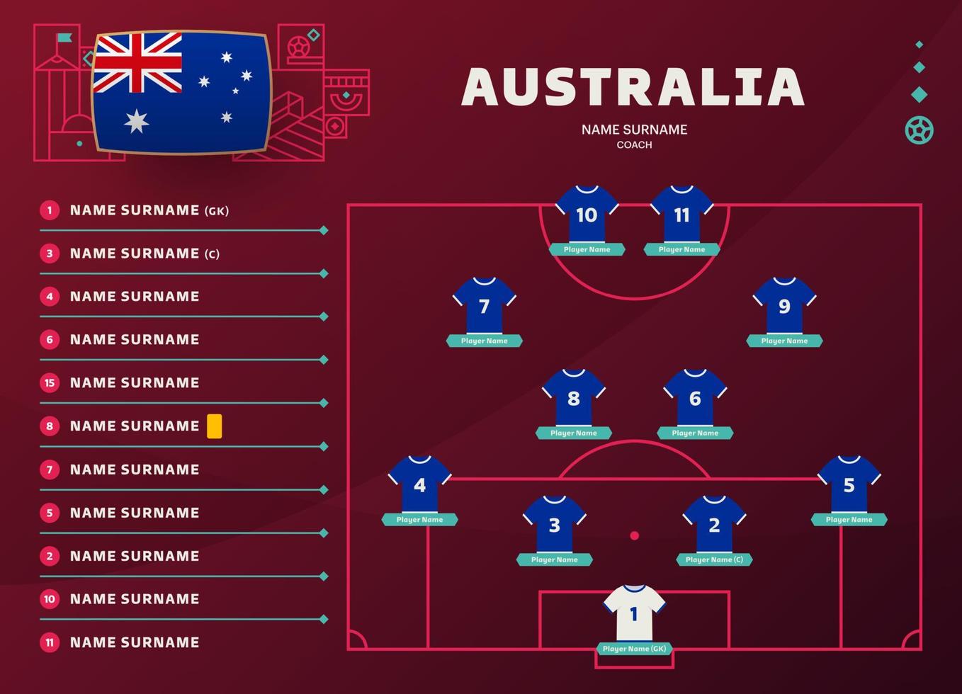 Australien rada upp värld fotboll 2022 turnering slutlig skede vektor illustration. Land team rada upp tabell och team bildning på fotboll fält. fotboll turnering vektor Land flaggor