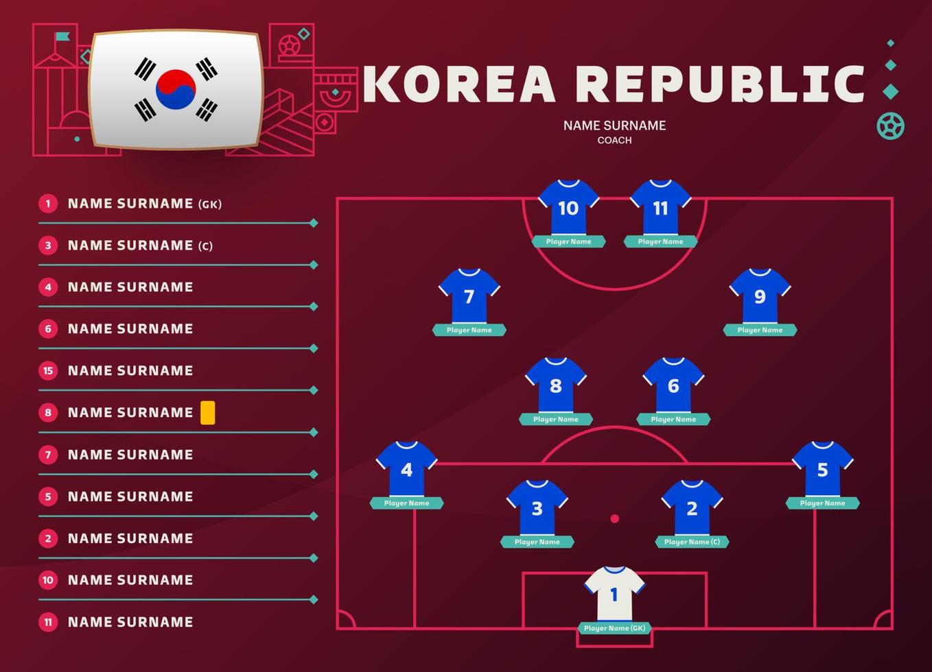 korea republik rada upp värld fotboll 2022 turnering slutlig skede vektor illustration. Land team rada upp tabell och team bildning på fotboll fält. fotboll turnering vektor Land flaggor