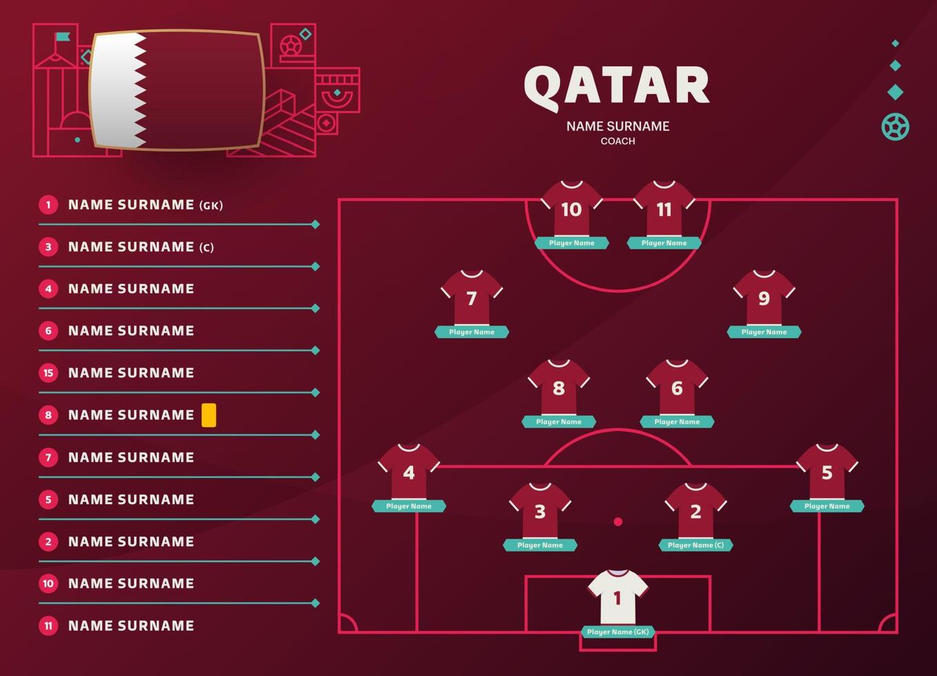 katar line-up world football 22 turnier endphase vektorillustration. Aufstellungstabelle für Ländermannschaften und Mannschaftsbildung auf dem Fußballplatz. Fußballturnier Vektor-Länderflaggen vektor