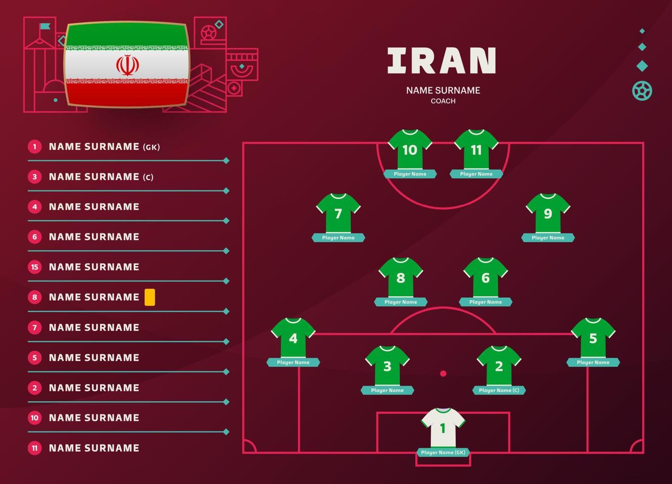 iran rada upp värld fotboll 2022 turnering slutlig skede vektor illustration. Land team rada upp tabell och team bildning på fotboll fält. fotboll turnering vektor Land flaggor