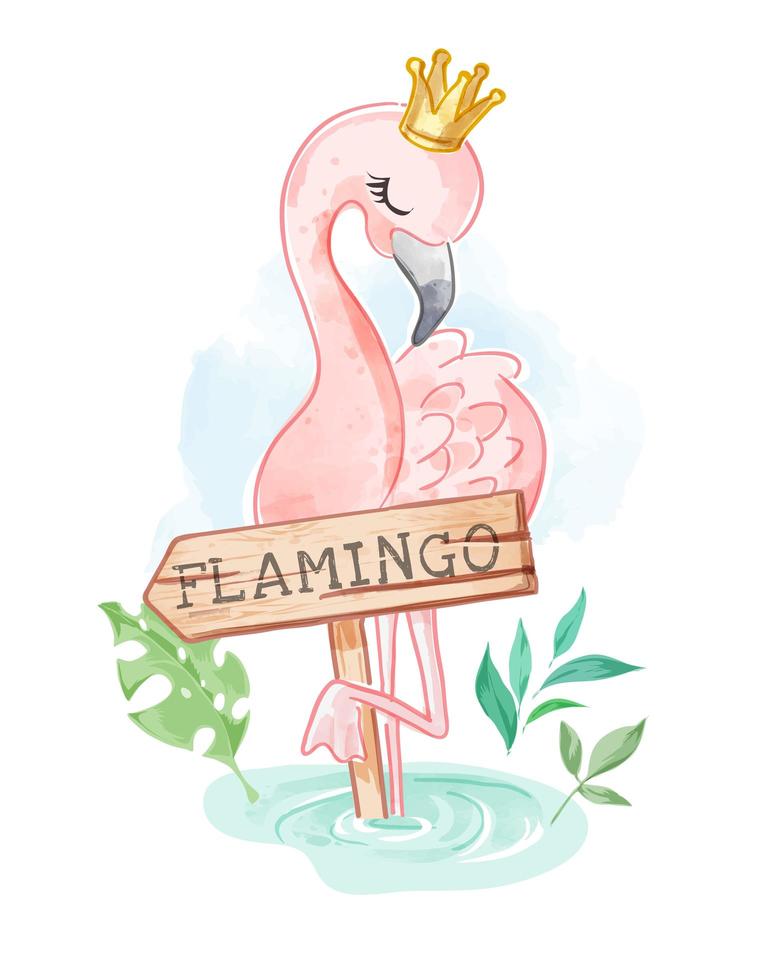 Flamingo in der Krone mit Holzschild vektor