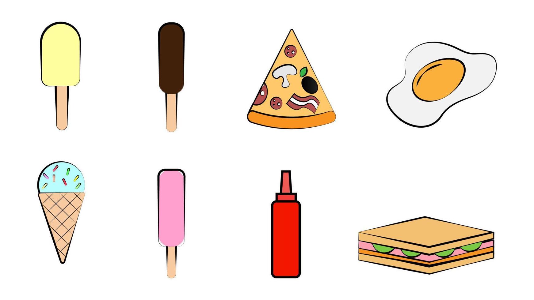 Satz von acht Ikonen mit köstlichen Speisen und Snacks für ein Café-Bar-Restaurant auf weißem Hintergrund Eis, Pizza, Ei, Ketchup, Sandwich vektor