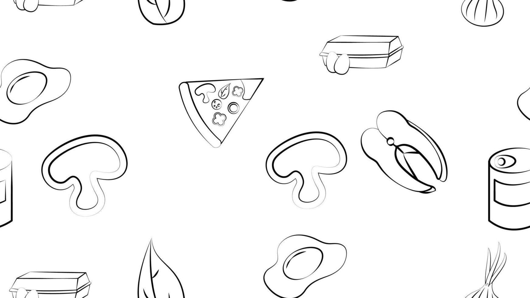 svart och vit ändlös sömlös mönster av mat och mellanmål objekt ikoner uppsättning för restaurang bar Kafé ägg, svamp, fisk, konserverad mat, lök, pizza, greener. de bakgrund vektor
