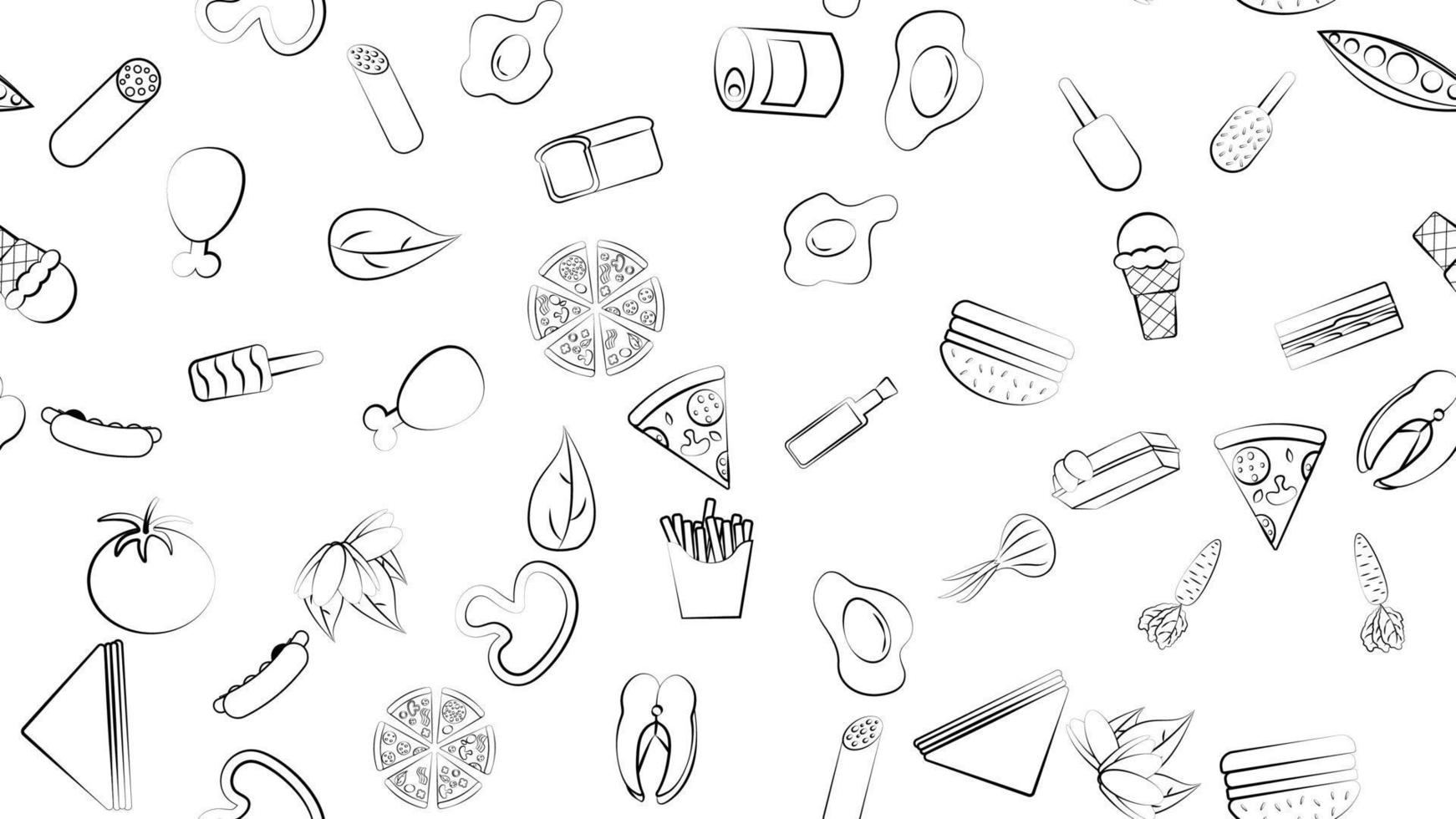 svart och vit ändlös sömlös mönster av mat och mellanmål objekt ikoner uppsättning för restaurang bar Kafé varm hund, is grädde, gröna, kyckling, pommes frites, ägg, pizza, fisk, konserverad mat, ägg. de bakgrund vektor