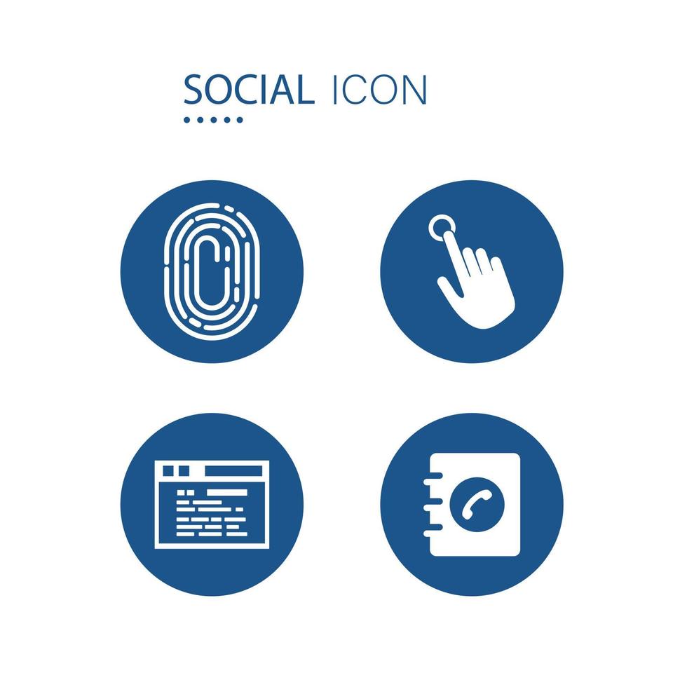 Symbol für Fingerabdruck, Handzeigen, Webseite und Telefonbuchsymbole auf blauer Kreisform isoliert auf weißem Hintergrund. symbole über soziale vektorillustration. vektor