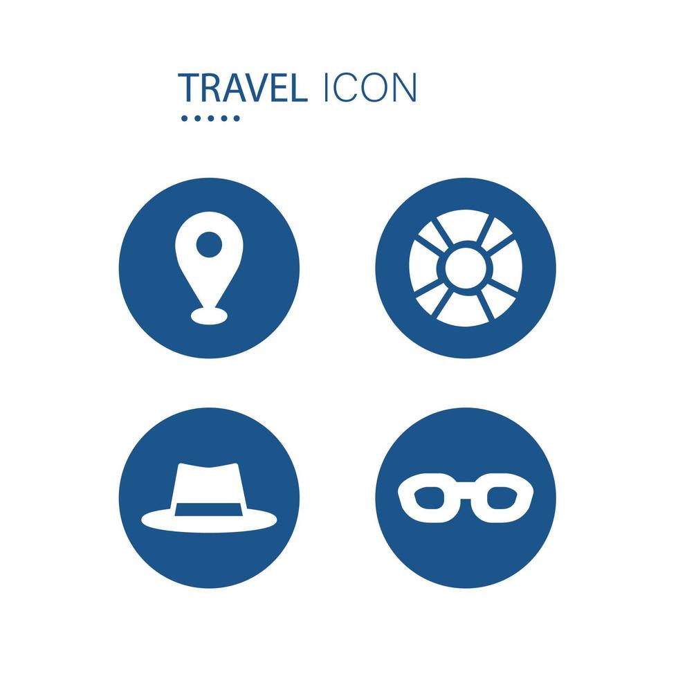 Symbol für Check-in-Standort, Gummiring, Hut und Sonnenbrillen-Symbole auf blauer Kreisform isoliert auf weißem Hintergrund. Reiseikonen-Vektorillustration. vektor