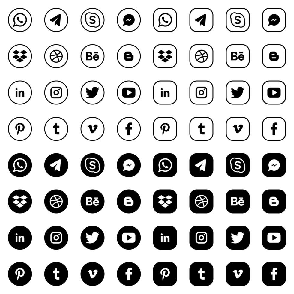 runde Social-Media-Logo-Sammlung in Schwarzweiß vektor