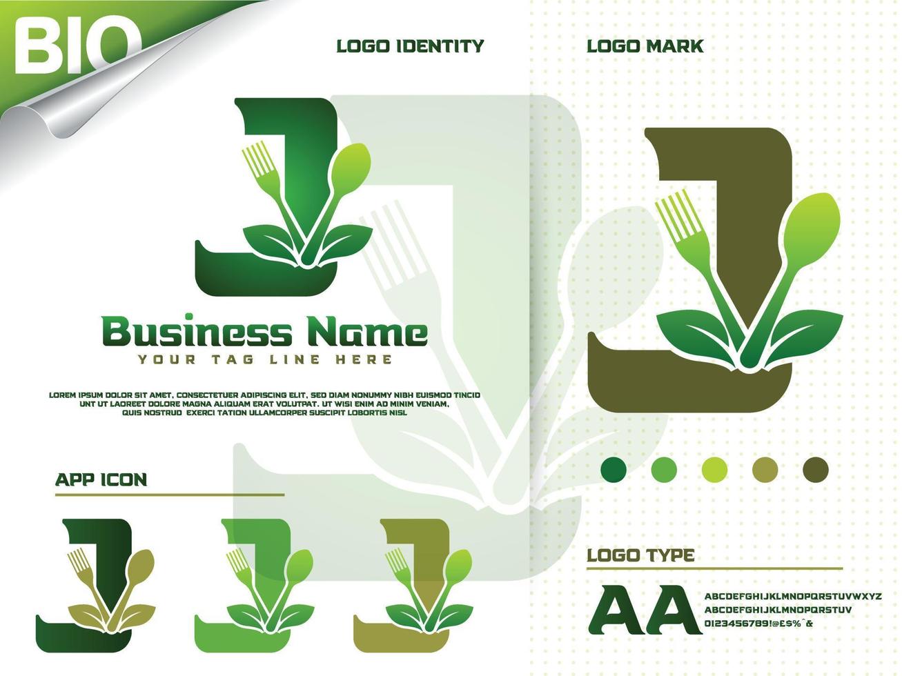 friska mat brev j logotyp design med kreativ grön blad vektor