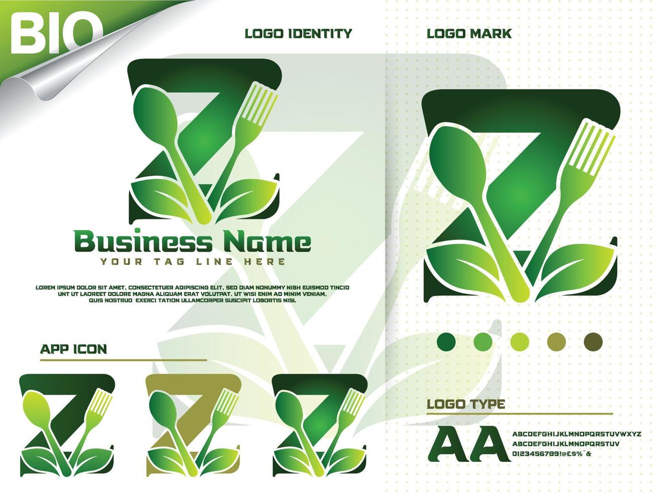gesundes lebensmittelbuchstabe z logo design mit kreativem grünem blatt vektor