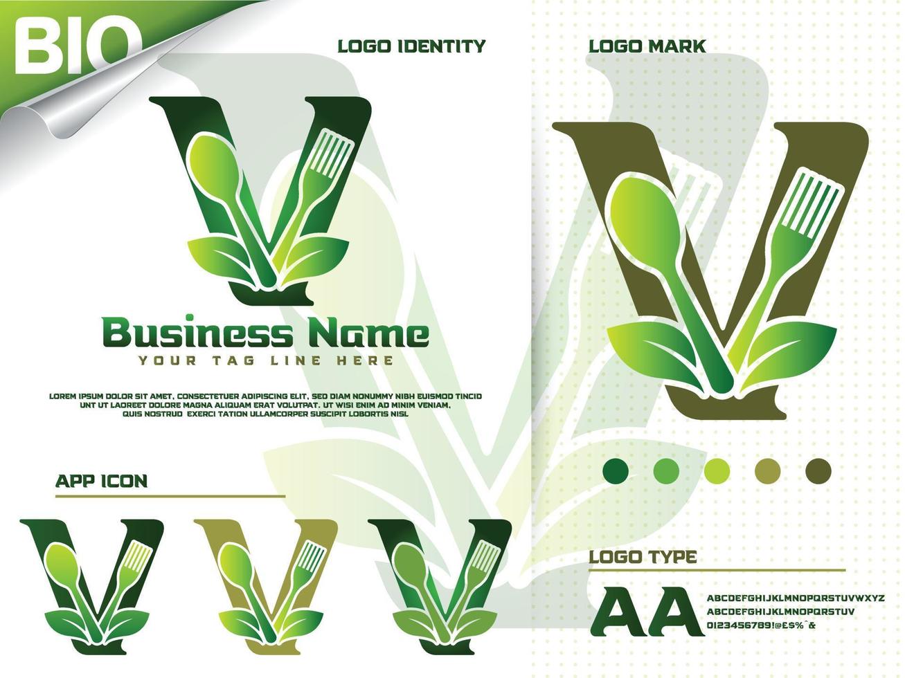 gesundes lebensmittelbuchstabe v-logodesign mit kreativem grünem blatt vektor